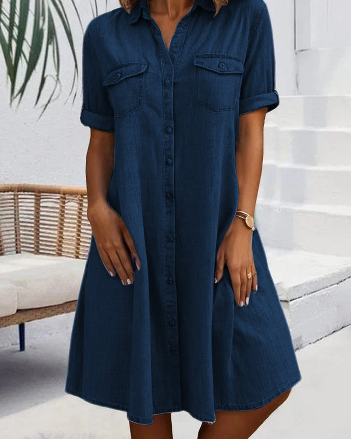 Sveta - Kurzärmliges Denim-Kleid mit Knopfleiste