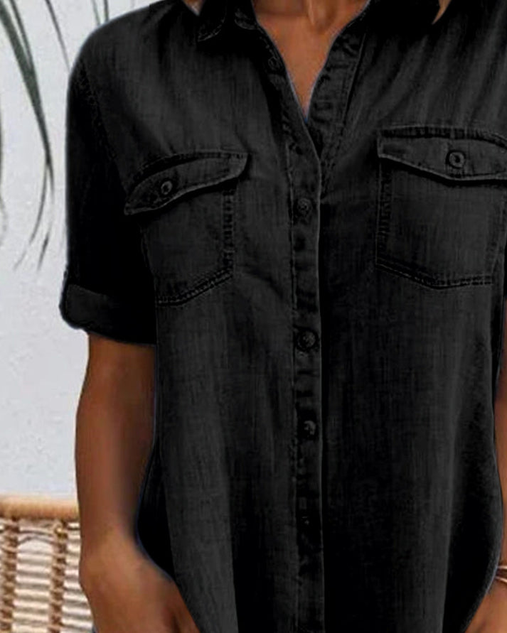 Sveta - Kurzärmliges Denim-Kleid mit Knopfleiste