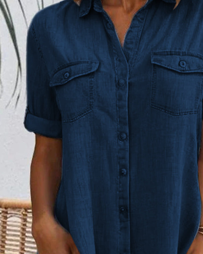 Sveta - Kurzärmliges Denim-Kleid mit Knopfleiste
