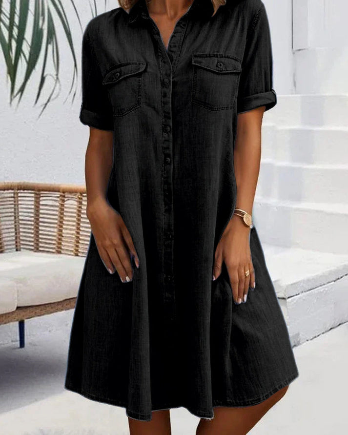 Sveta - Kurzärmliges Denim-Kleid mit Knopfleiste
