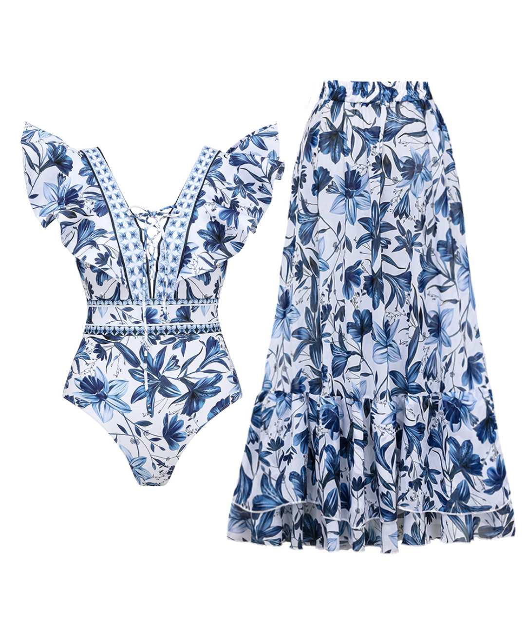 V-Ausschnitt Einteiler Badeanzug mit passendem Rockset