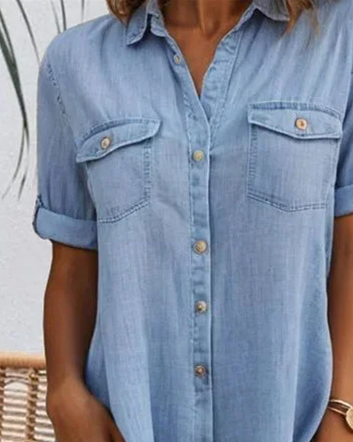 Sveta - Kurzärmliges Denim-Kleid mit Knopfleiste